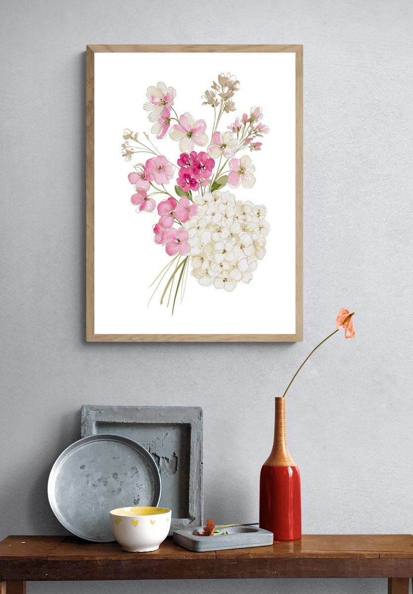 Pink Blossom Bouquet Watercolor Print. — room view 3