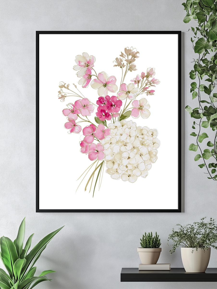 Pink Blossom Bouquet Watercolor Print. — room view 4