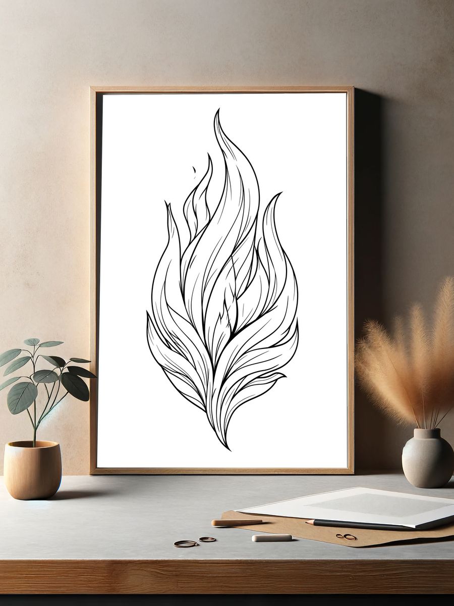 Flame Leaf Line Art Poster. — room view 2
