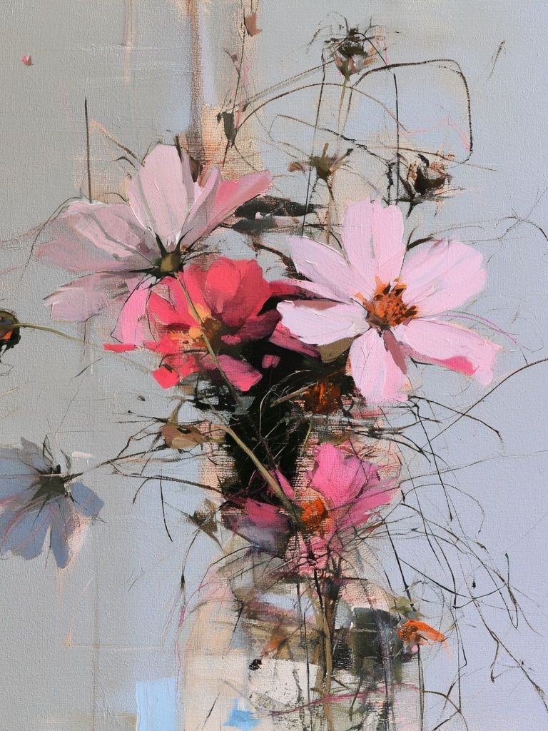Pink Cosmos Bouquet Illustration Poster. poster detail