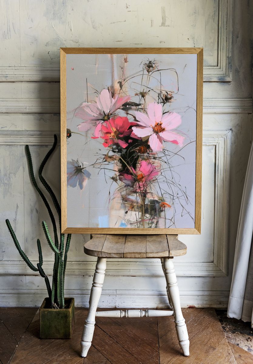 Pink Cosmos Bouquet Illustration Poster. — room view 1