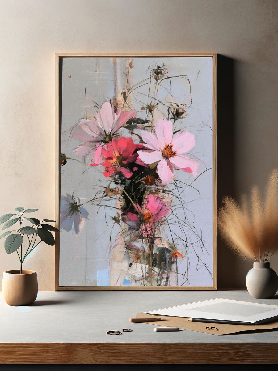 Pink Cosmos Bouquet Illustration Poster. — room view 2