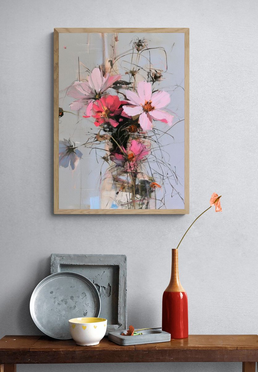 Pink Cosmos Bouquet Illustration Poster. — room view 3