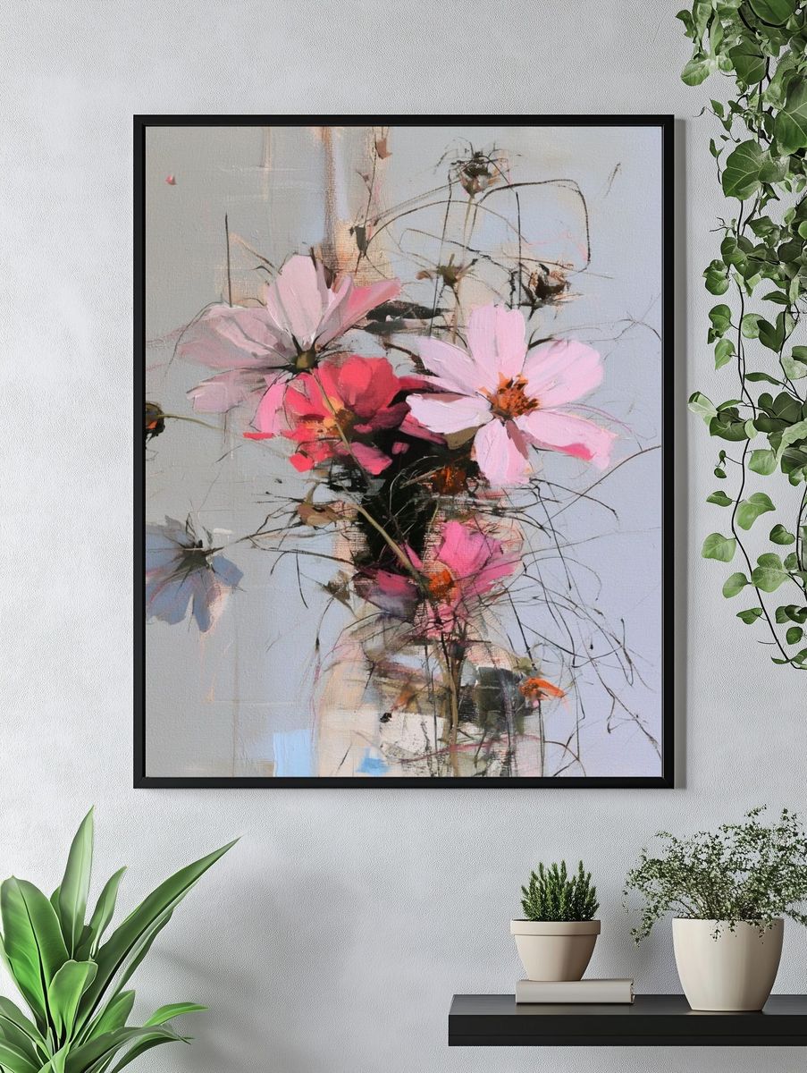 Pink Cosmos Bouquet Illustration Poster. — room view 4