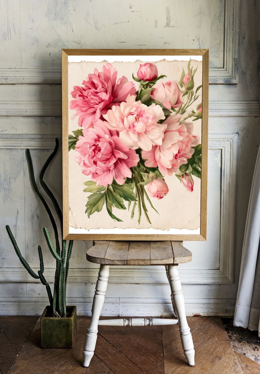 Pink Peony Bouquet Watercolor Print. room preview
