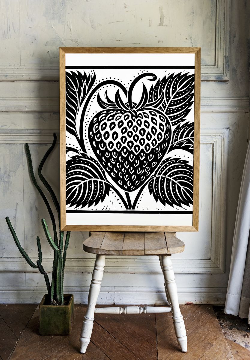 Black Strawberry Botanical Print. room preview