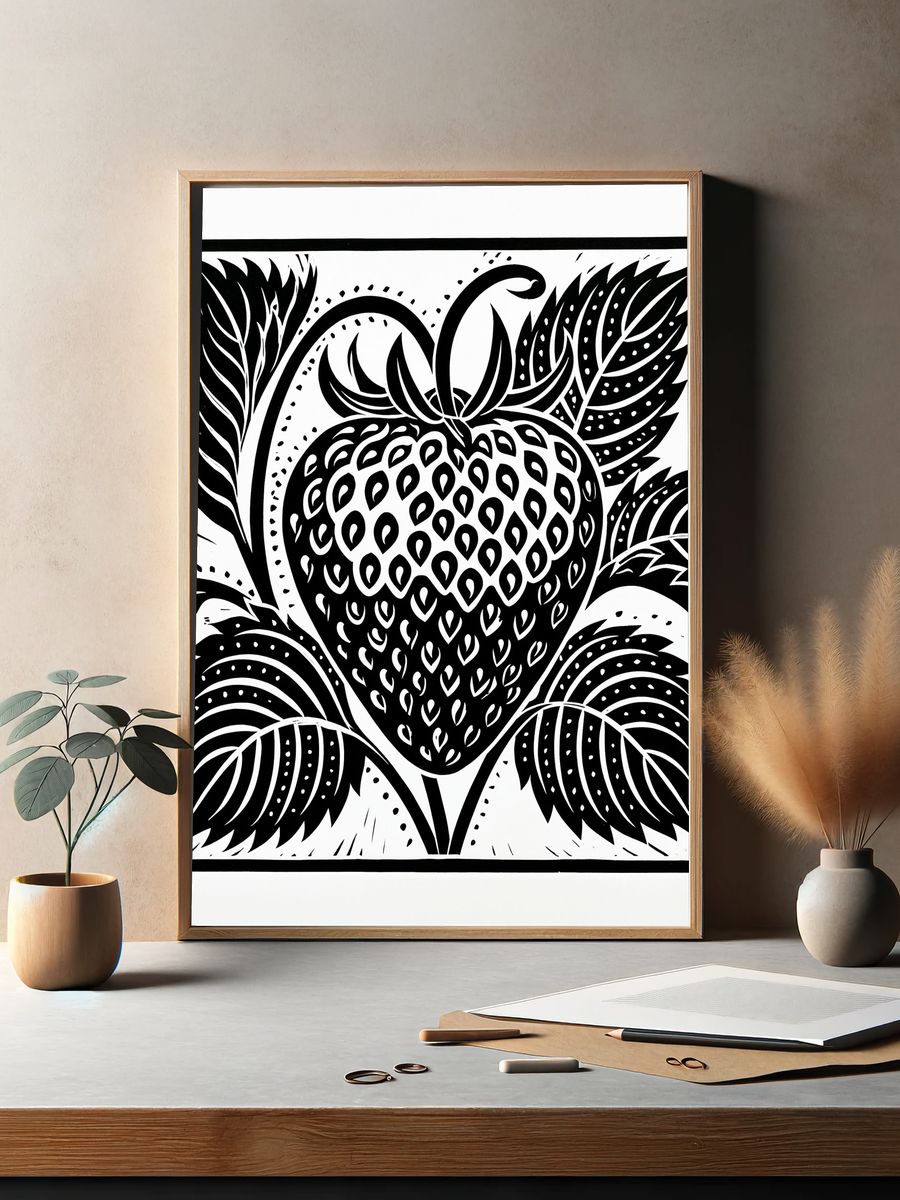 Black Strawberry Botanical Print. — room view 2