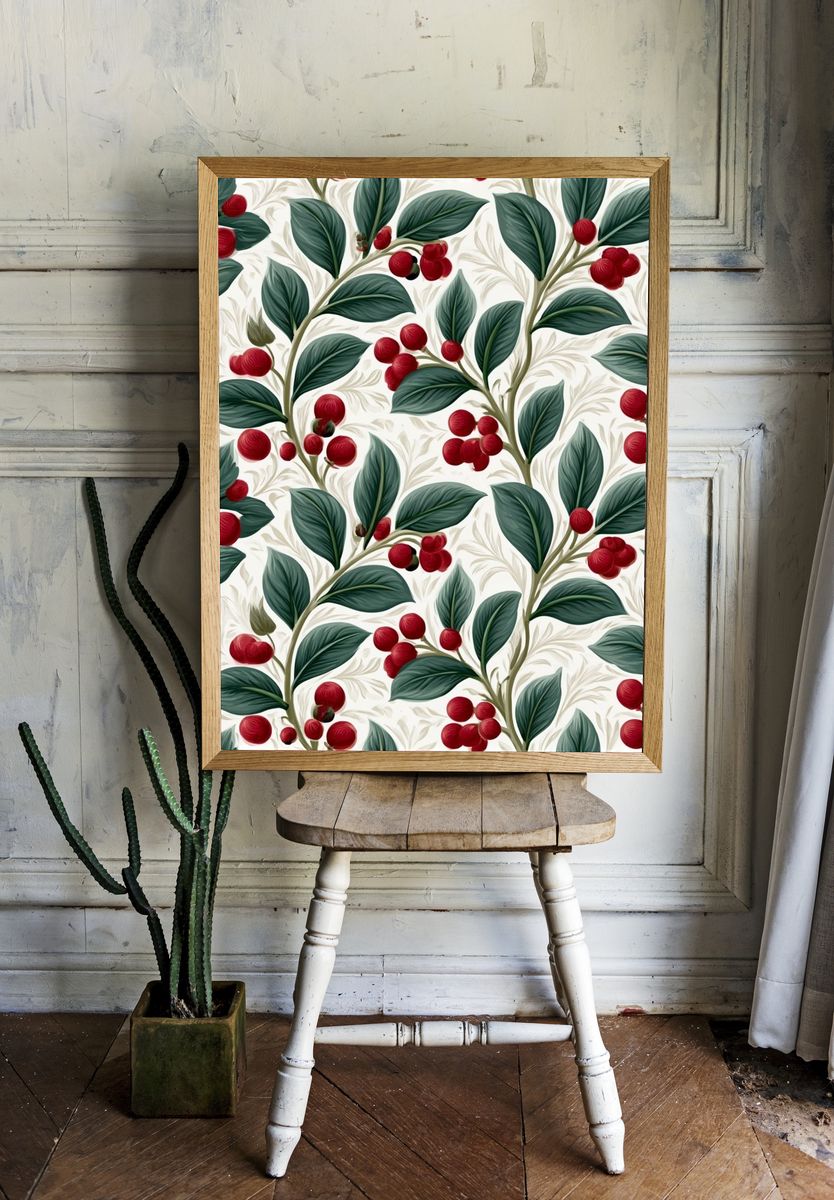 Cranberry Leaves Botanical Print. room preview