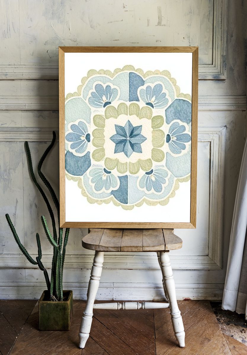 Blue Floral Mandala Illustration Poster. — room view 1