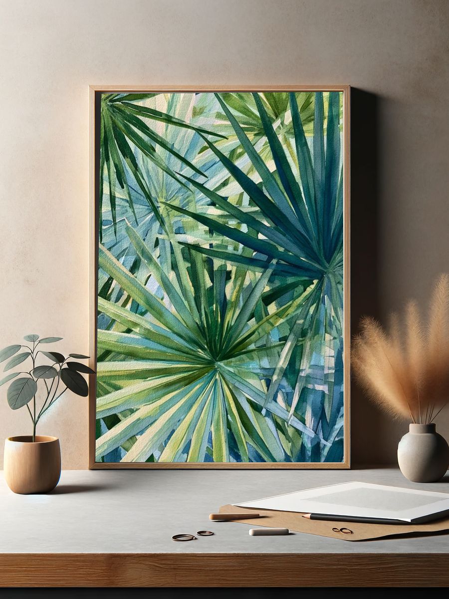 Tropical Palm Leaves Watercolor Print. — room view 2