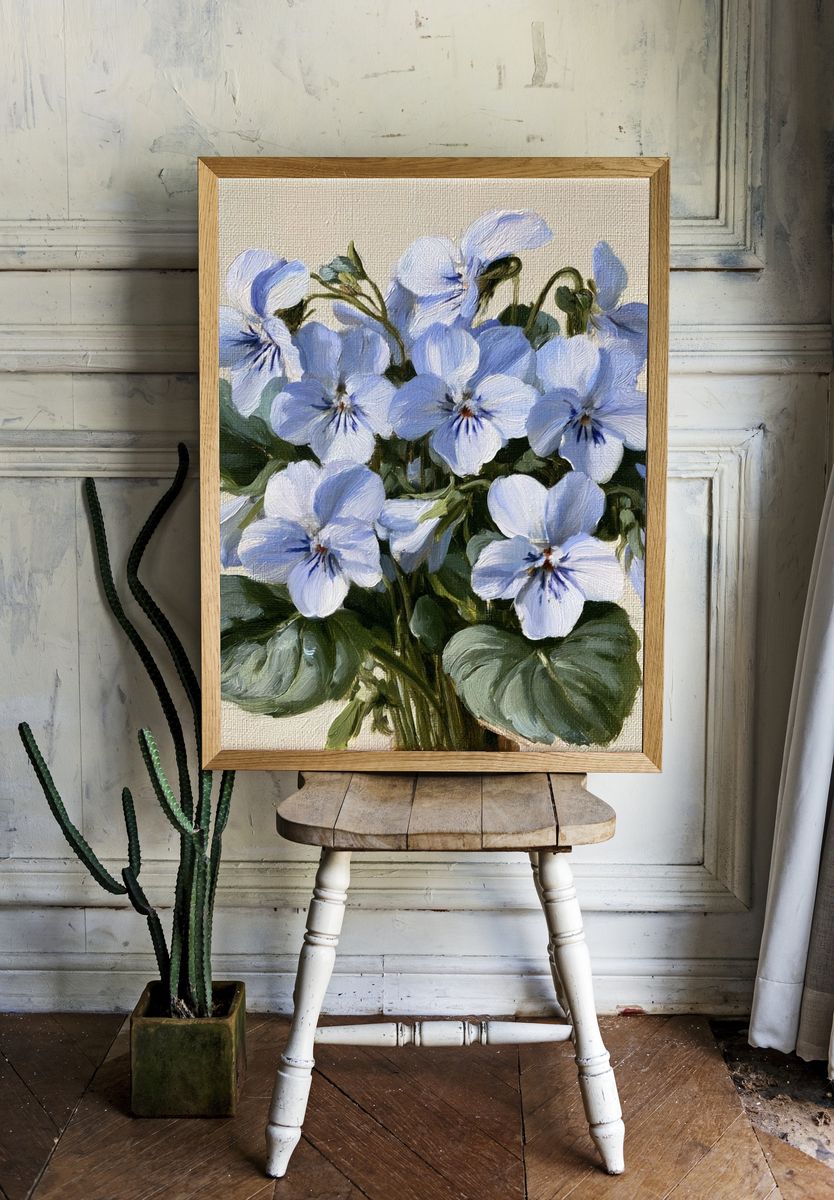 Blue Pansies Botanical Poster. — room view 1