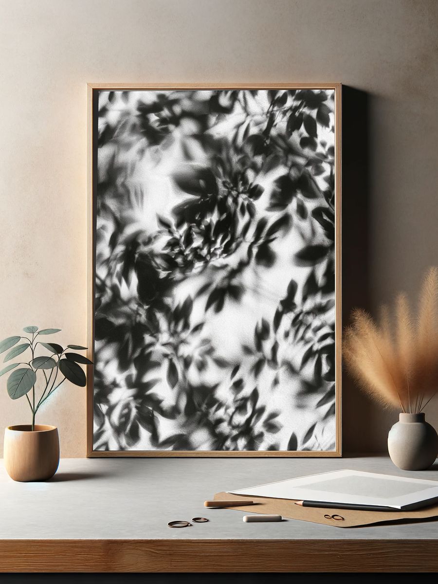 Shadow Leaves Black-White Print. — room view 2