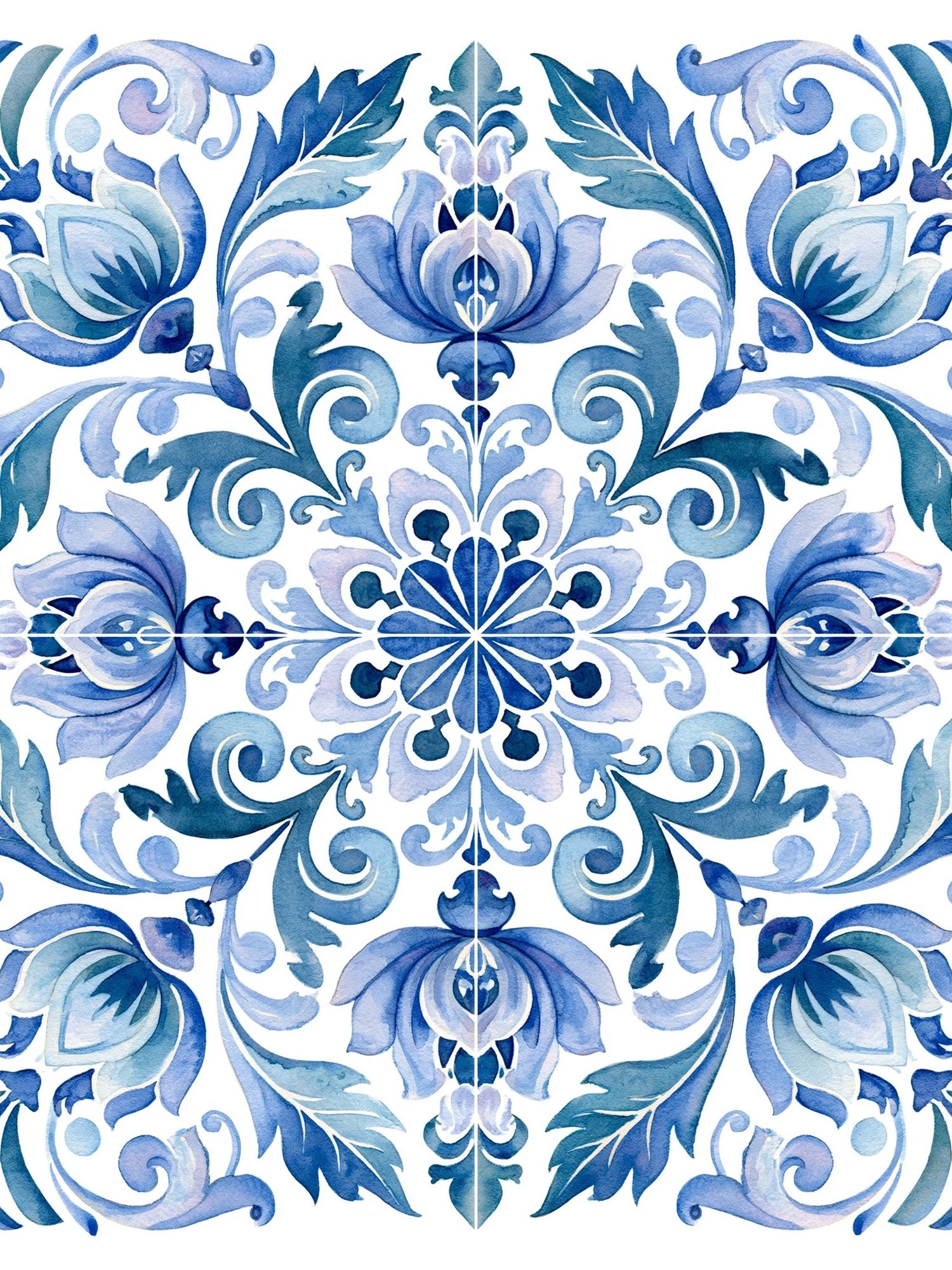 Blue Floral Tile Illustration Poster. poster — botanical art