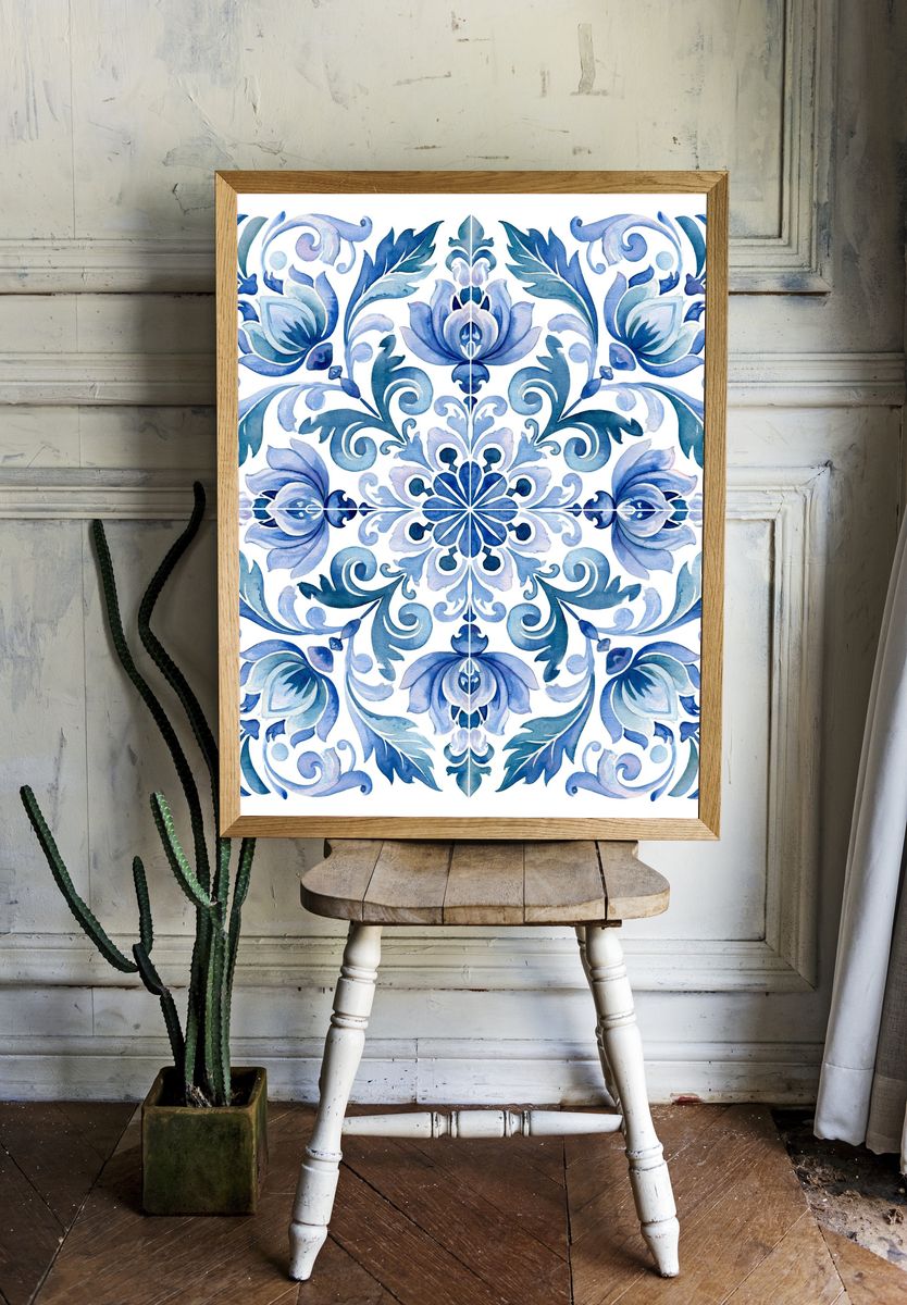 Blue Floral Tile Illustration Poster. — room view 1