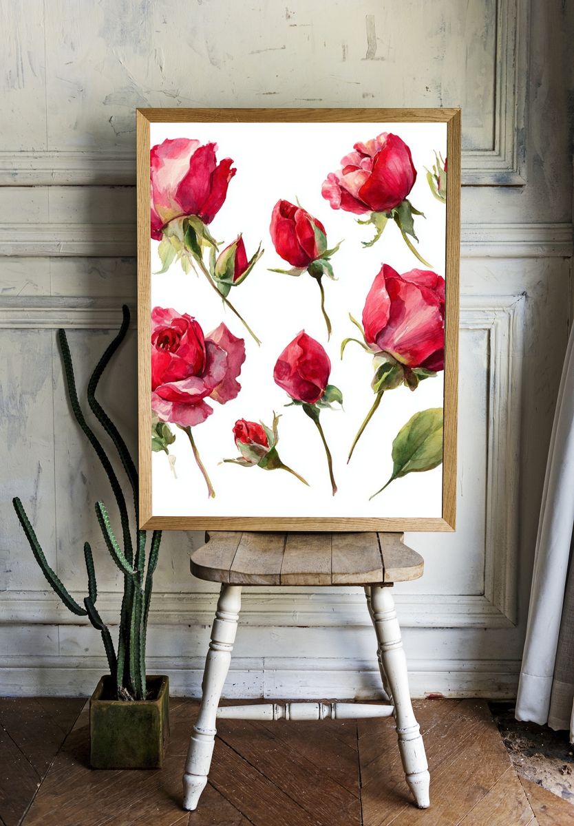 Pink Roses Watercolor Print. — room view 1
