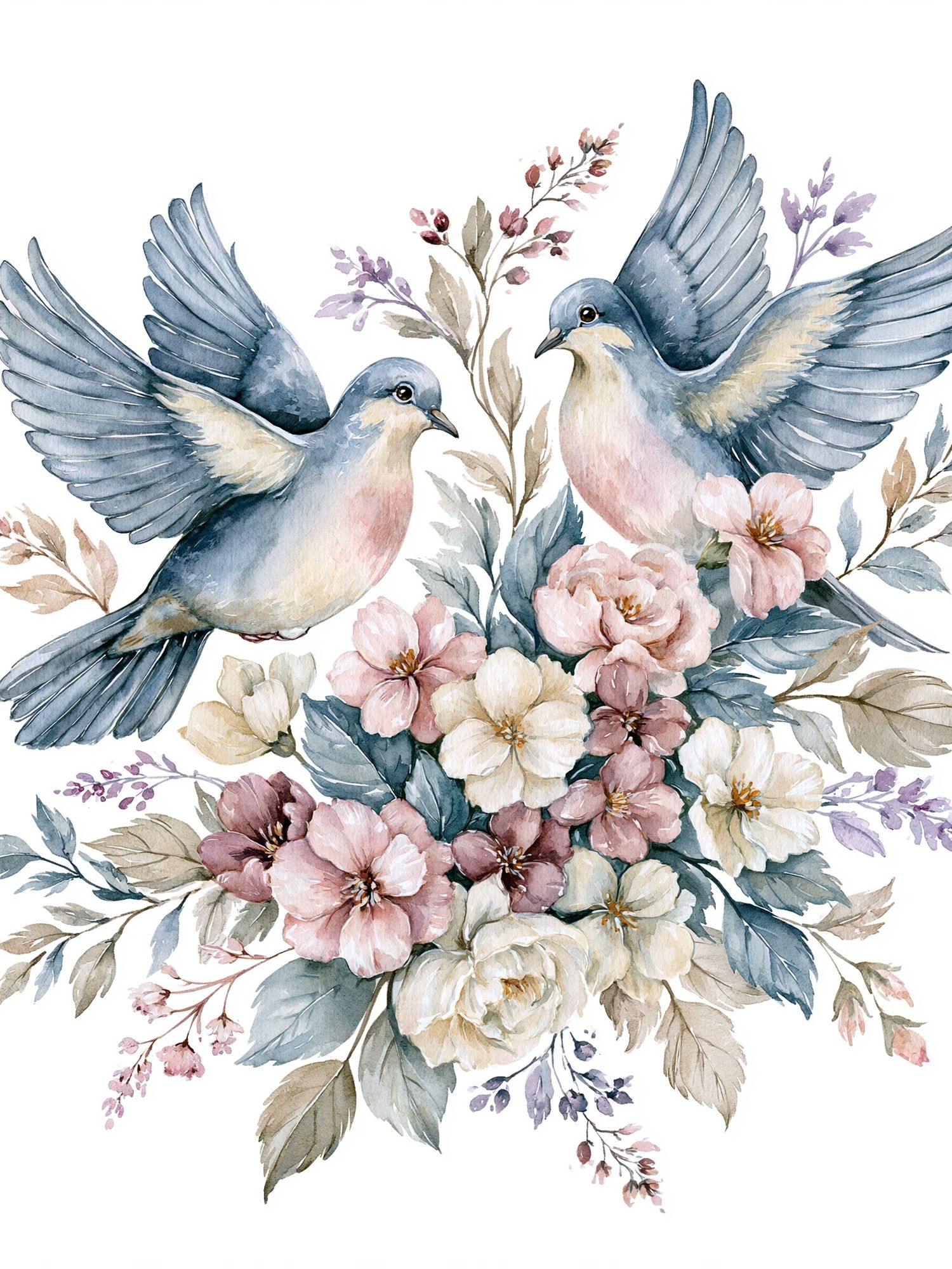 Doves and Blossoms Watercolor Poster. poster detail