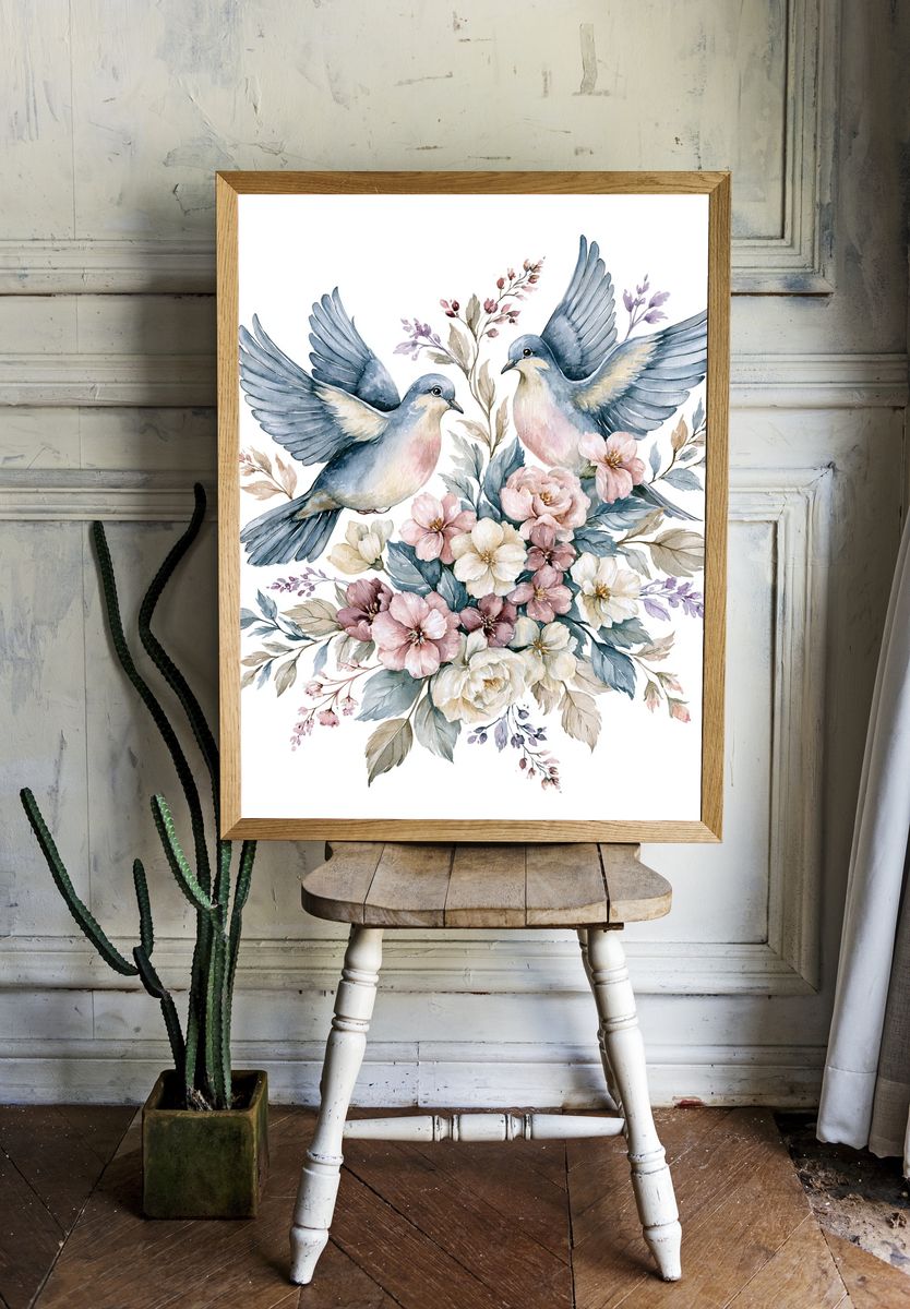 Doves and Blossoms Watercolor Poster. — room view 1
