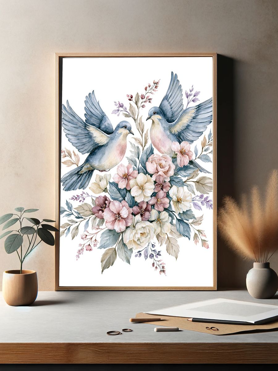 Doves and Blossoms Watercolor Poster. — room view 2