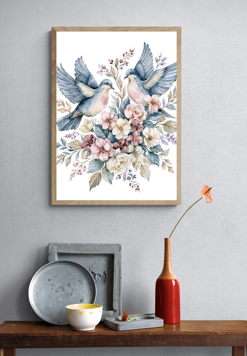 Doves and Blossoms Watercolor Poster. — room view 3