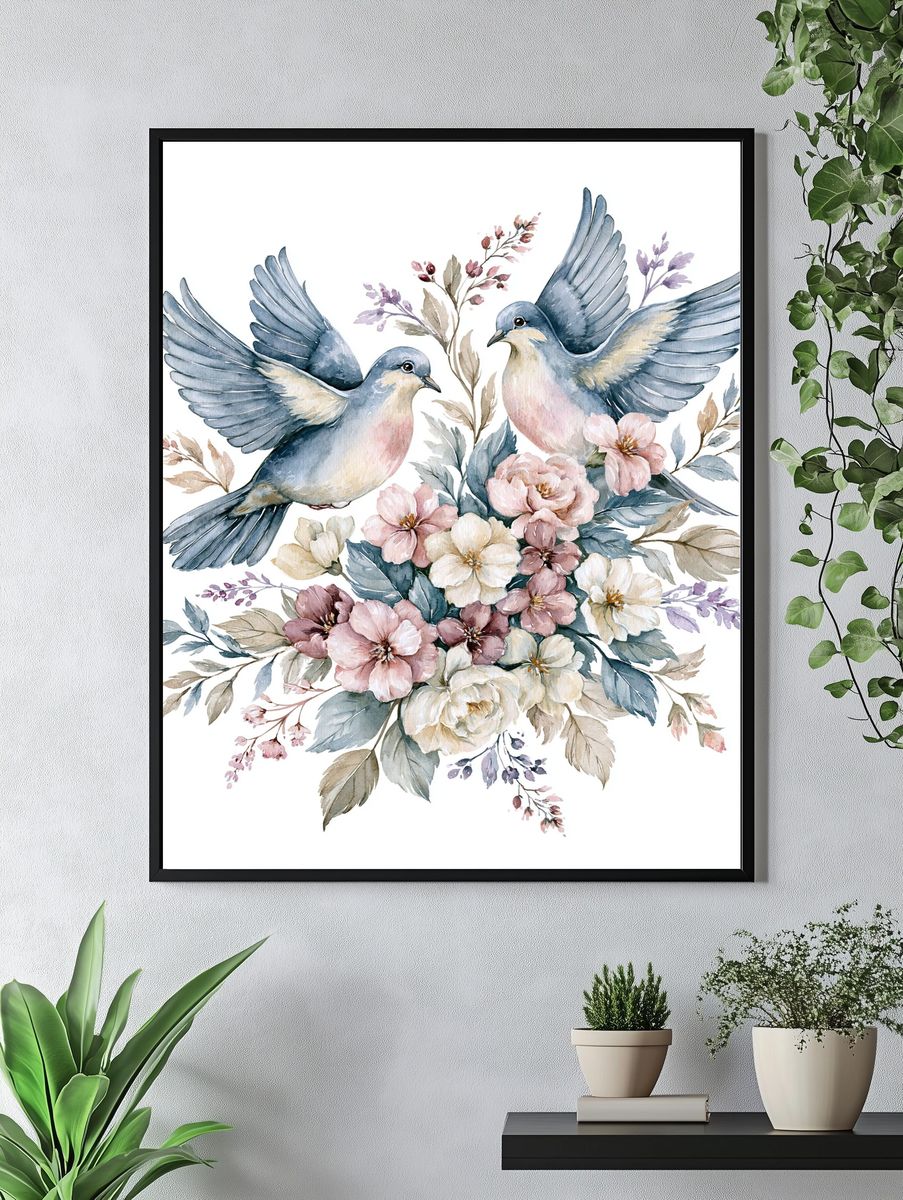 Doves and Blossoms Watercolor Poster. — room view 4