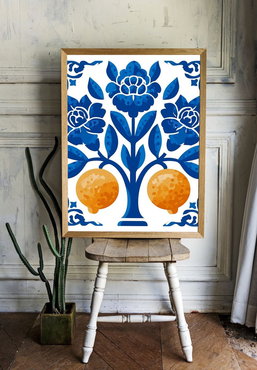 Blue Floral Pomegranates Illustration Poster. — room view 1