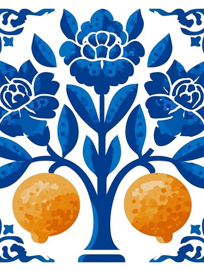 Blue Floral Pomegranates Illustration Poster.