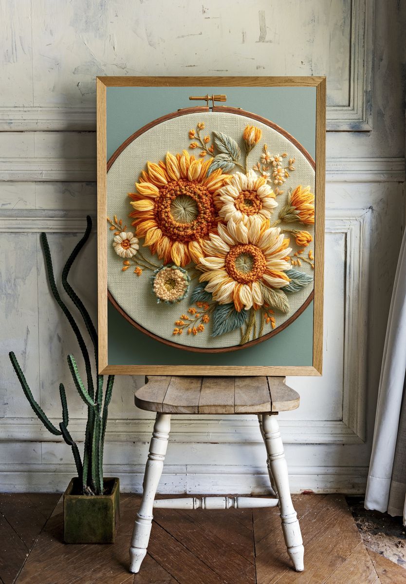 Sunflower Embroidery Botanical Print. — room view 1