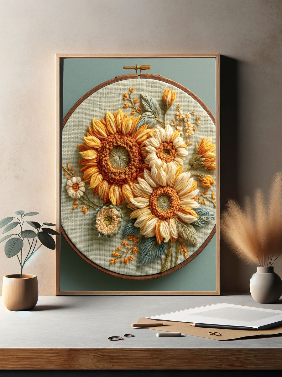 Sunflower Embroidery Botanical Print. — room view 2