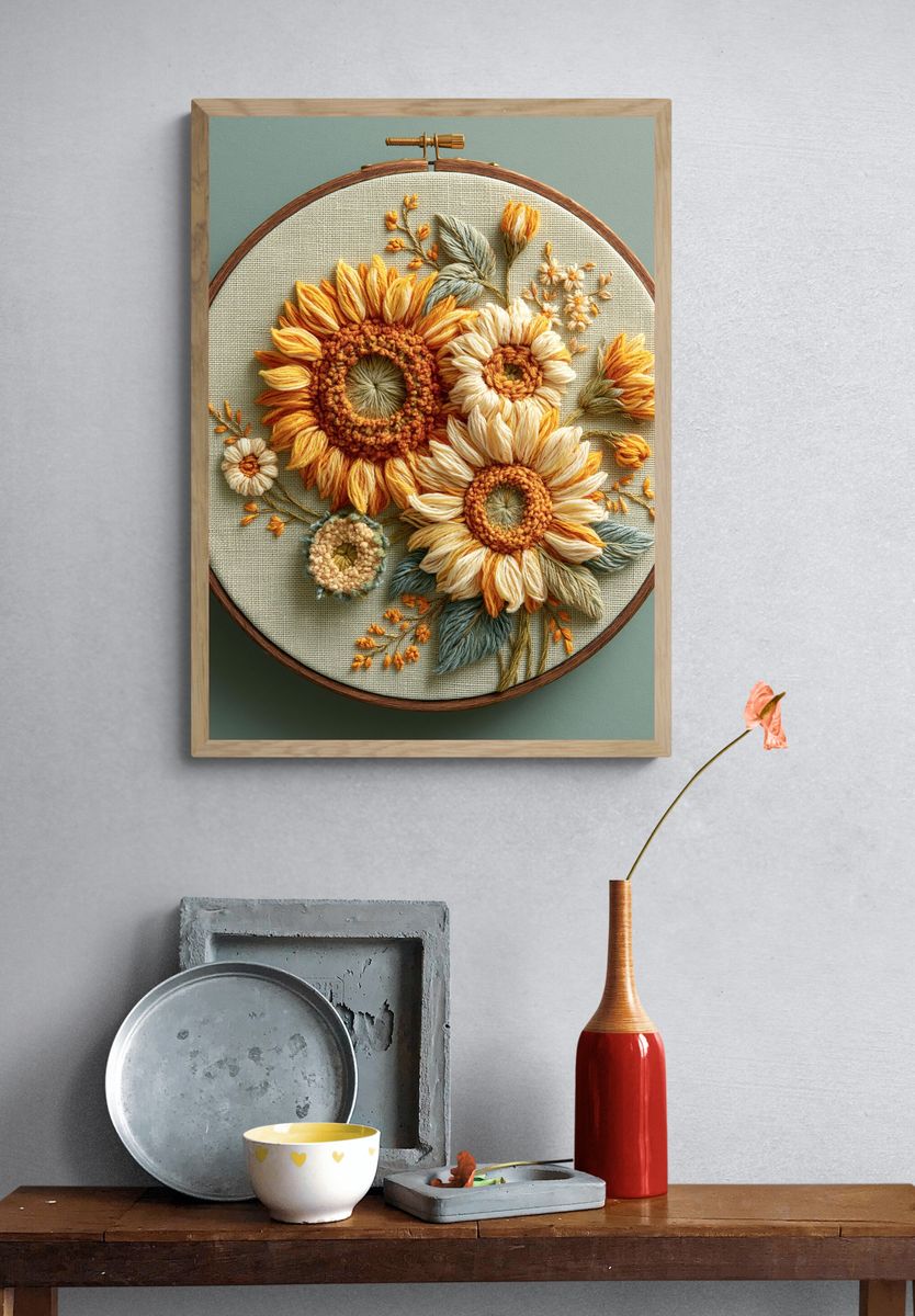 Sunflower Embroidery Botanical Print. — room view 3