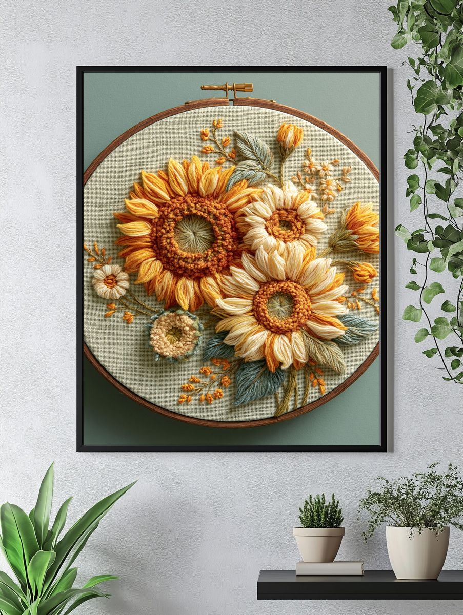Sunflower Embroidery Botanical Print. — room view 4