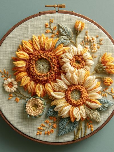 Sunflower Embroidery Botanical Print. poster