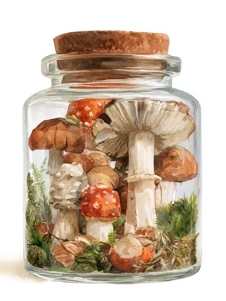Mushroom Jar Watercolor Print. poster — botanical art