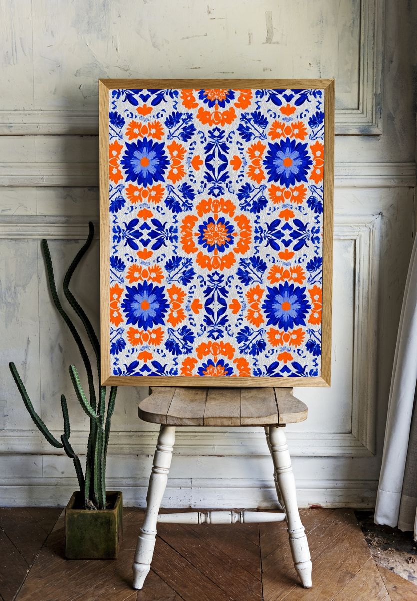 Blue and Orange Floral Pattern Poster room preview