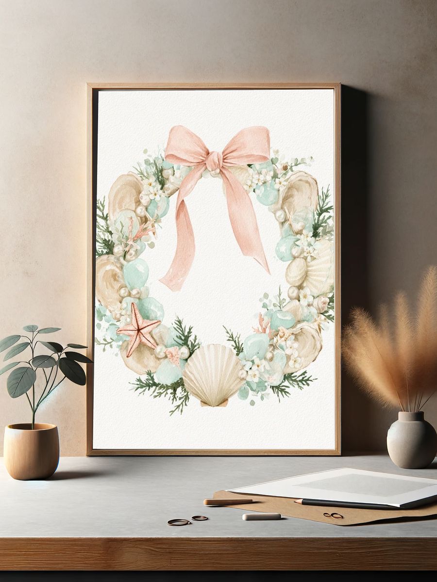 Seashell Wreath Watercolor Poster. — room view 2