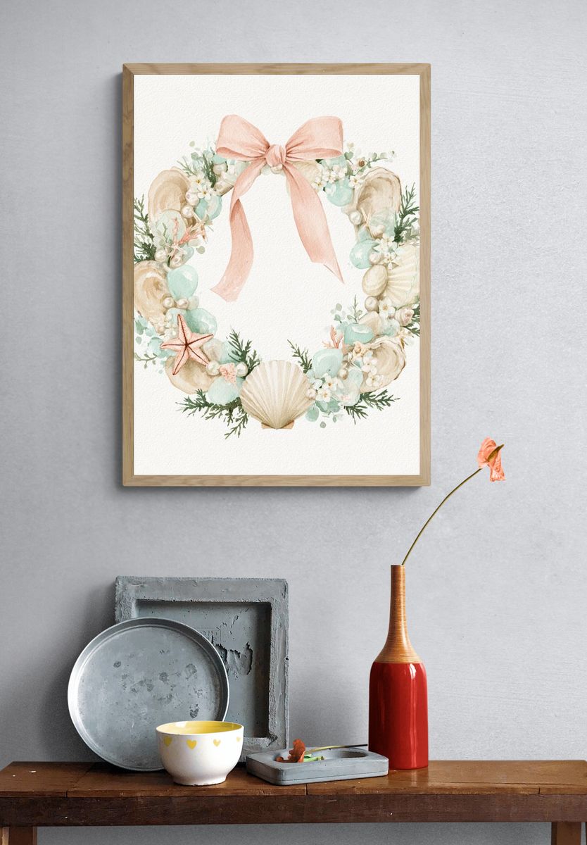 Seashell Wreath Watercolor Poster. — room view 3