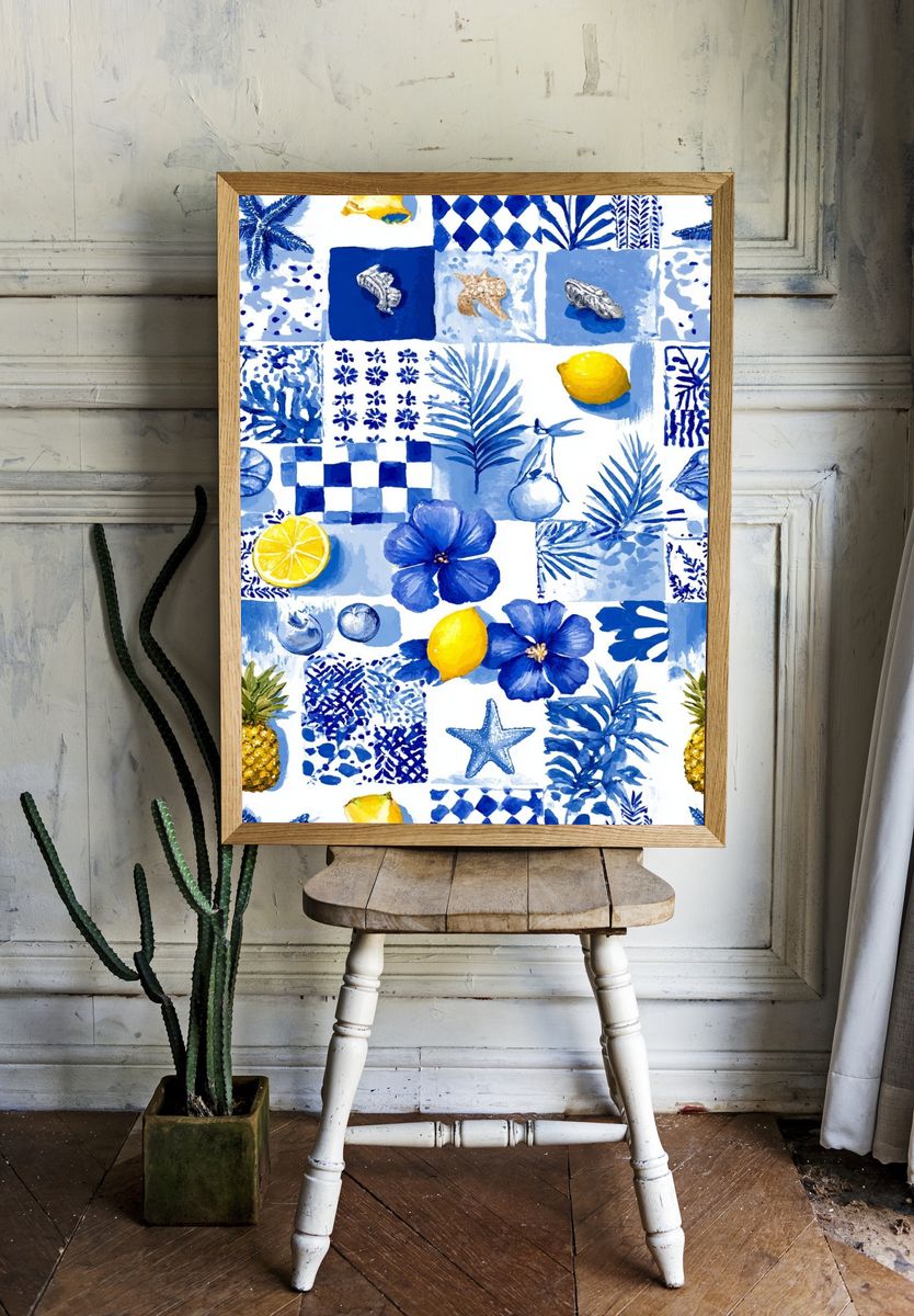 Blue Coastal Watercolor Poster. — room view 1
