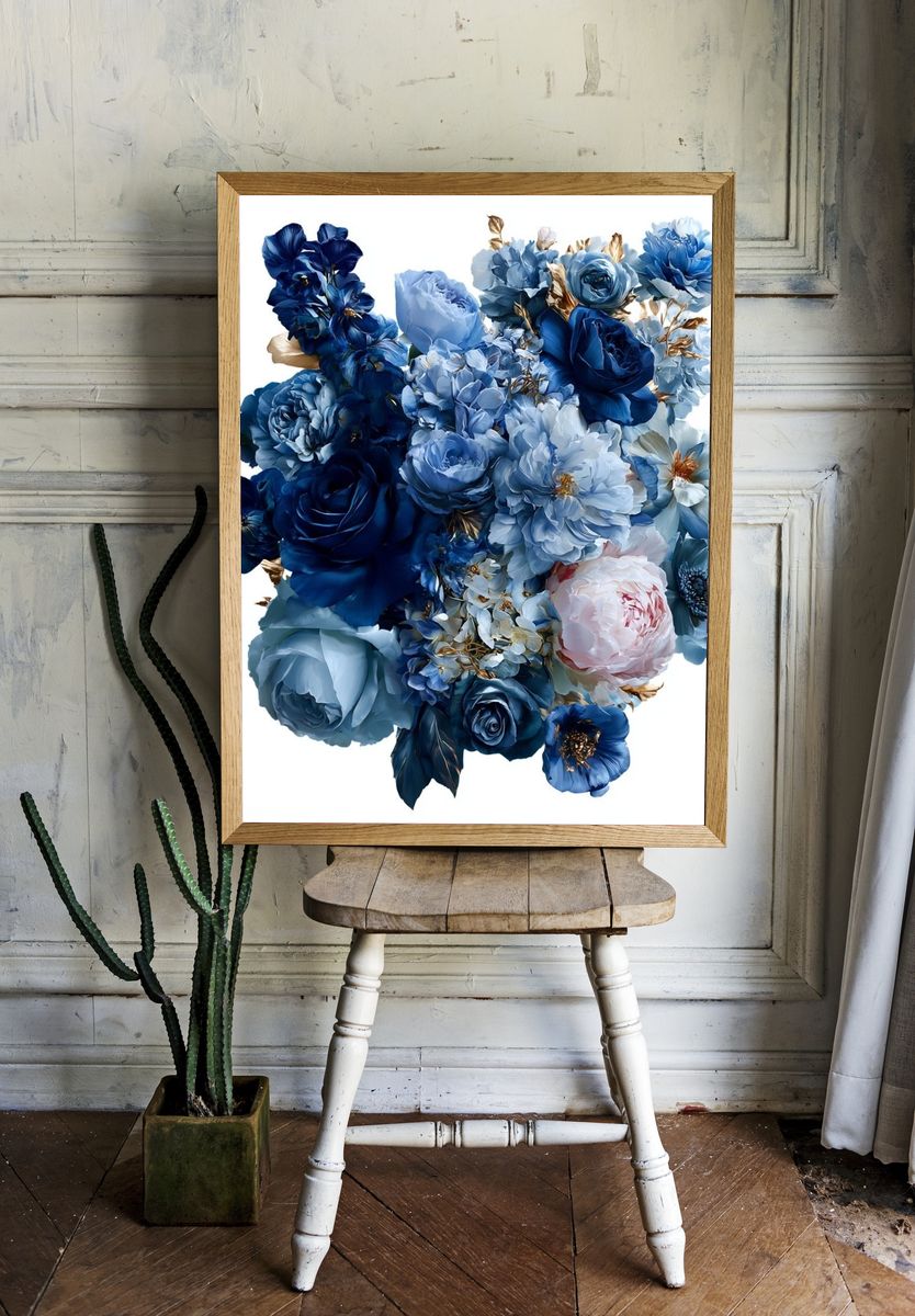 Blue Floral Bouquet Print. — room view 1