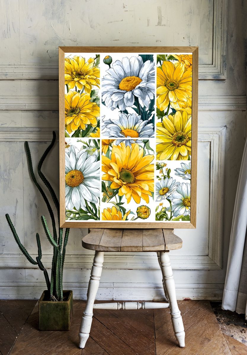 Yellow Daisy Botanical Print. room preview