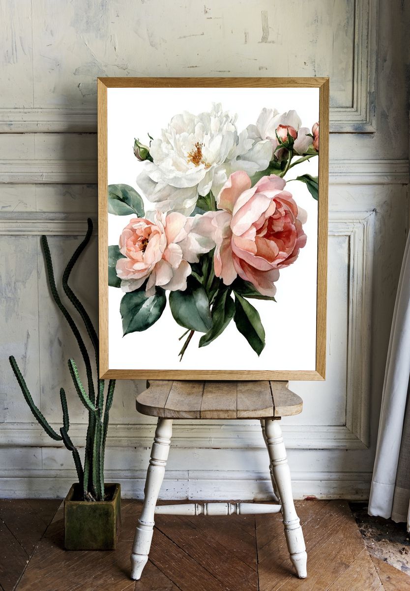 Peony Bouquet Watercolor Print. — room view 1