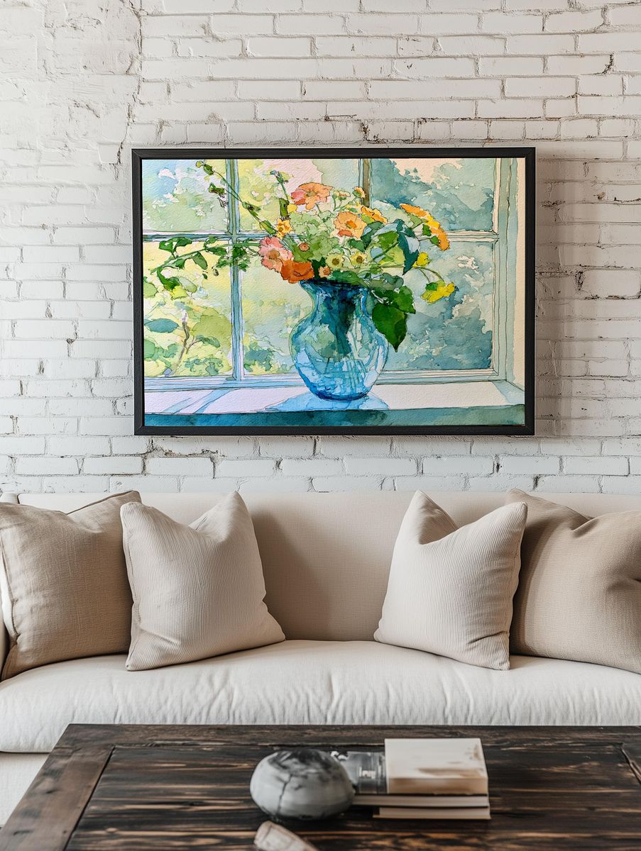 Blue Vase Flowers Watercolor Poster. room preview