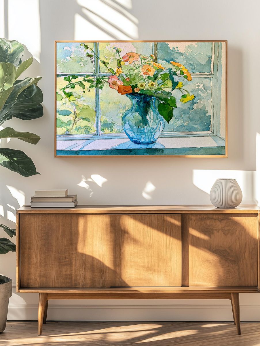 Blue Vase Flowers Watercolor Poster. — room view 3