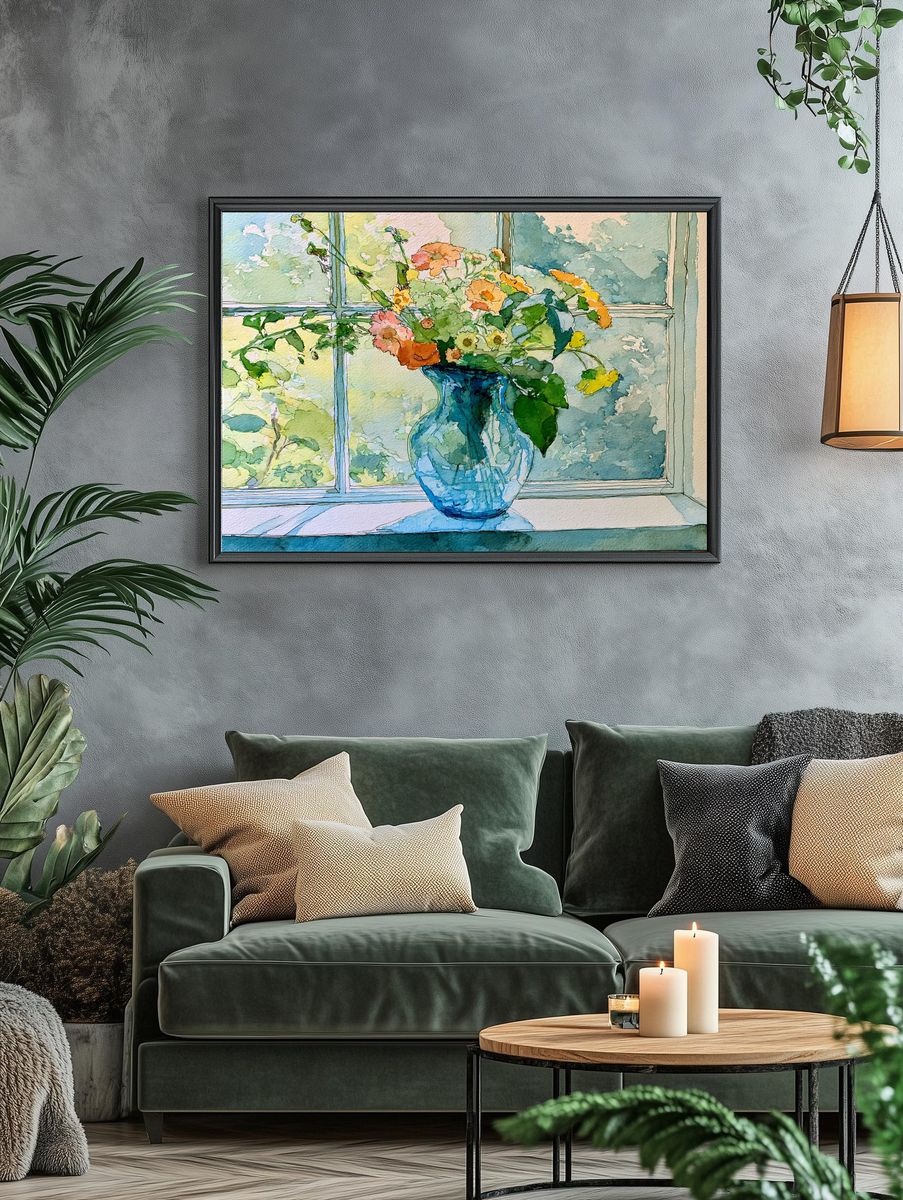 Blue Vase Flowers Watercolor Poster. — room view 4