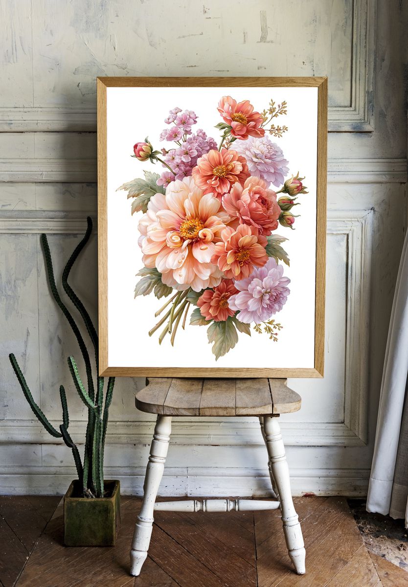 Peony Bouquet Botanical Print. room preview