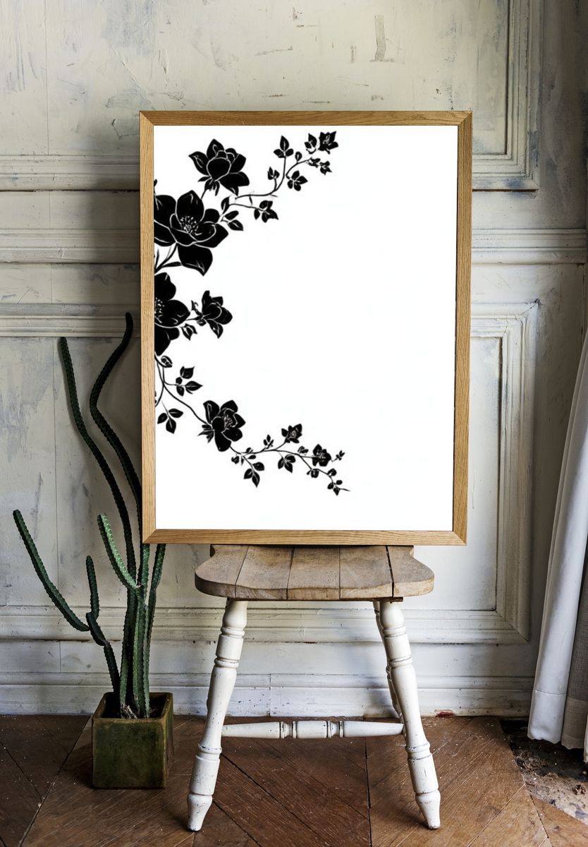 Black Floral Vine Minimalist Print. room preview