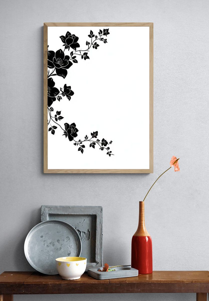 Black Floral Vine Minimalist Print. — room view 3