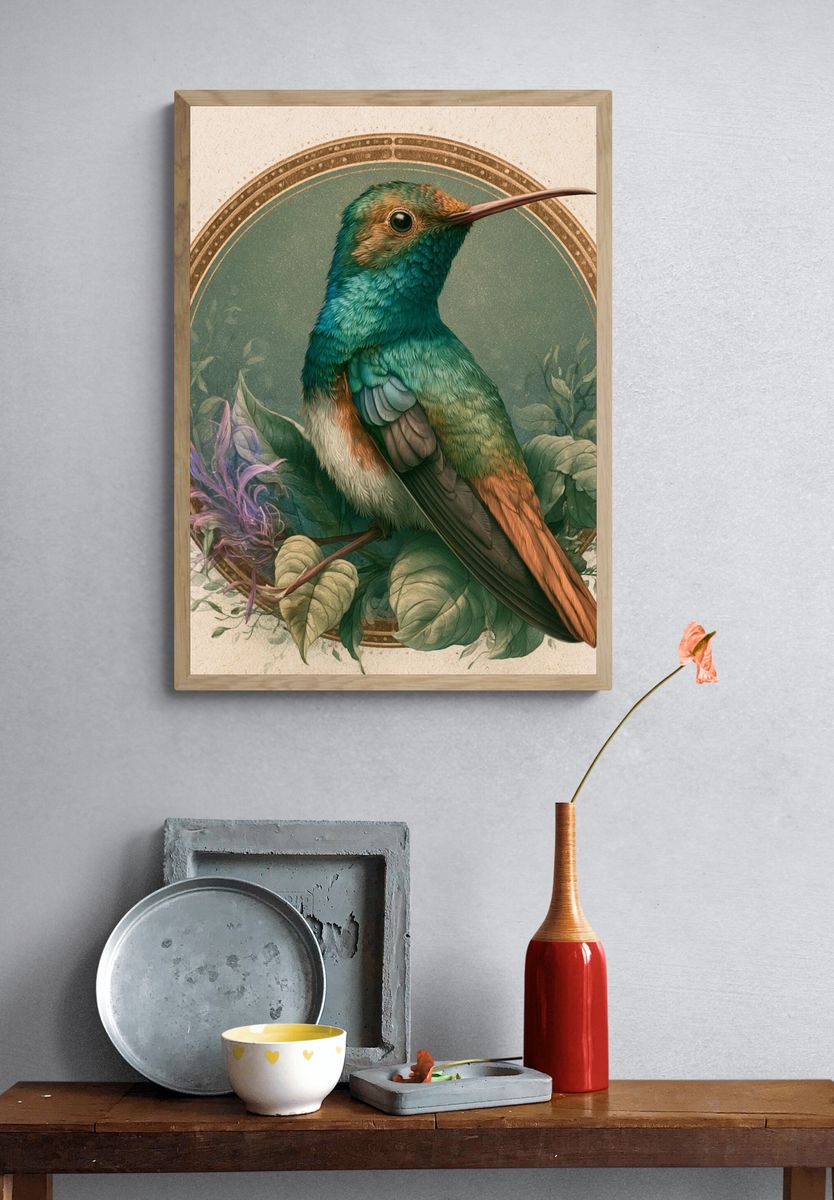 Hummingbird Botanical Poster. — room view 3