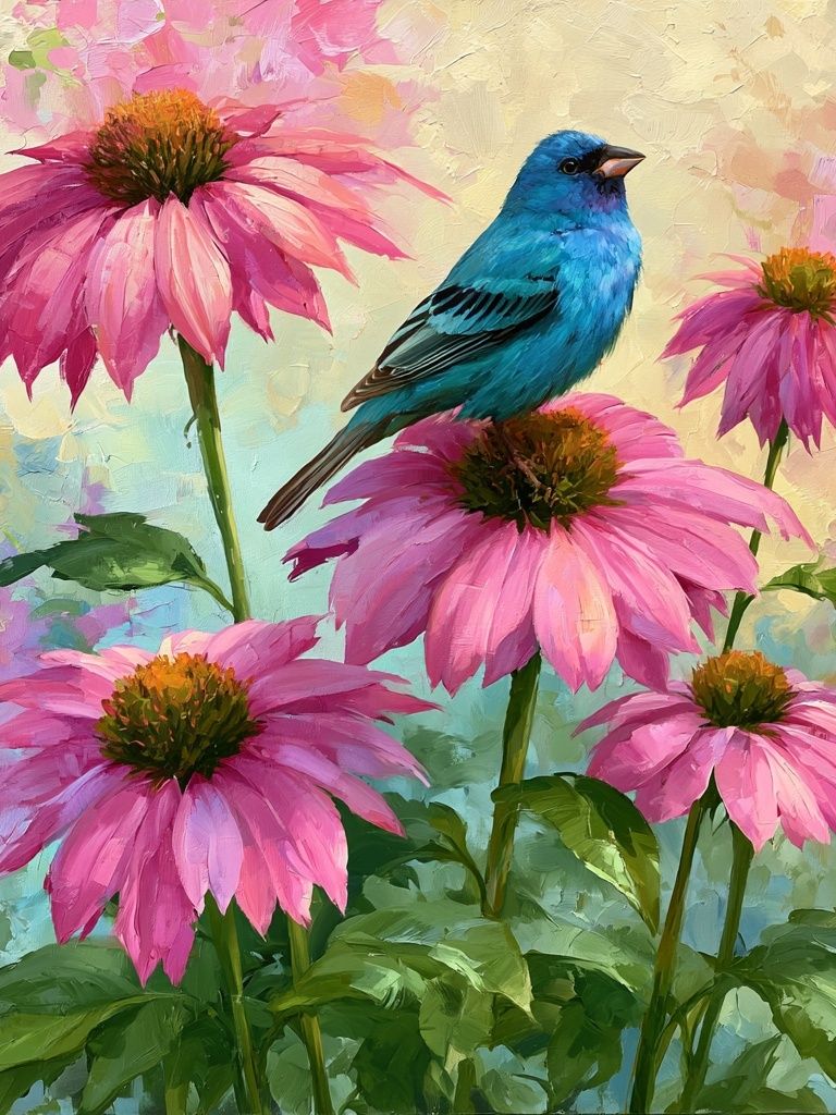 Bluebird and Pink Coneflowers Print. poster — botanical art