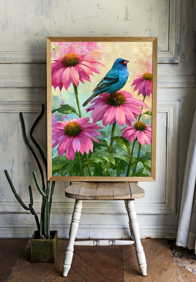 Bluebird and Pink Coneflowers Print. — room view 1