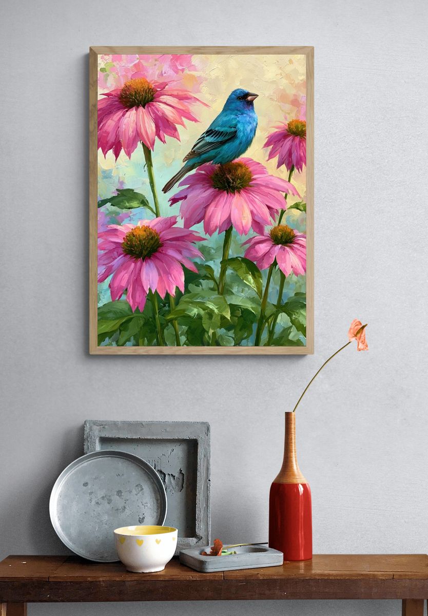 Bluebird and Pink Coneflowers Print. — room view 3