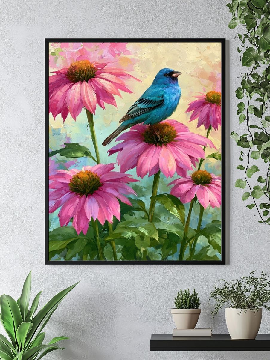 Bluebird and Pink Coneflowers Print. — room view 4